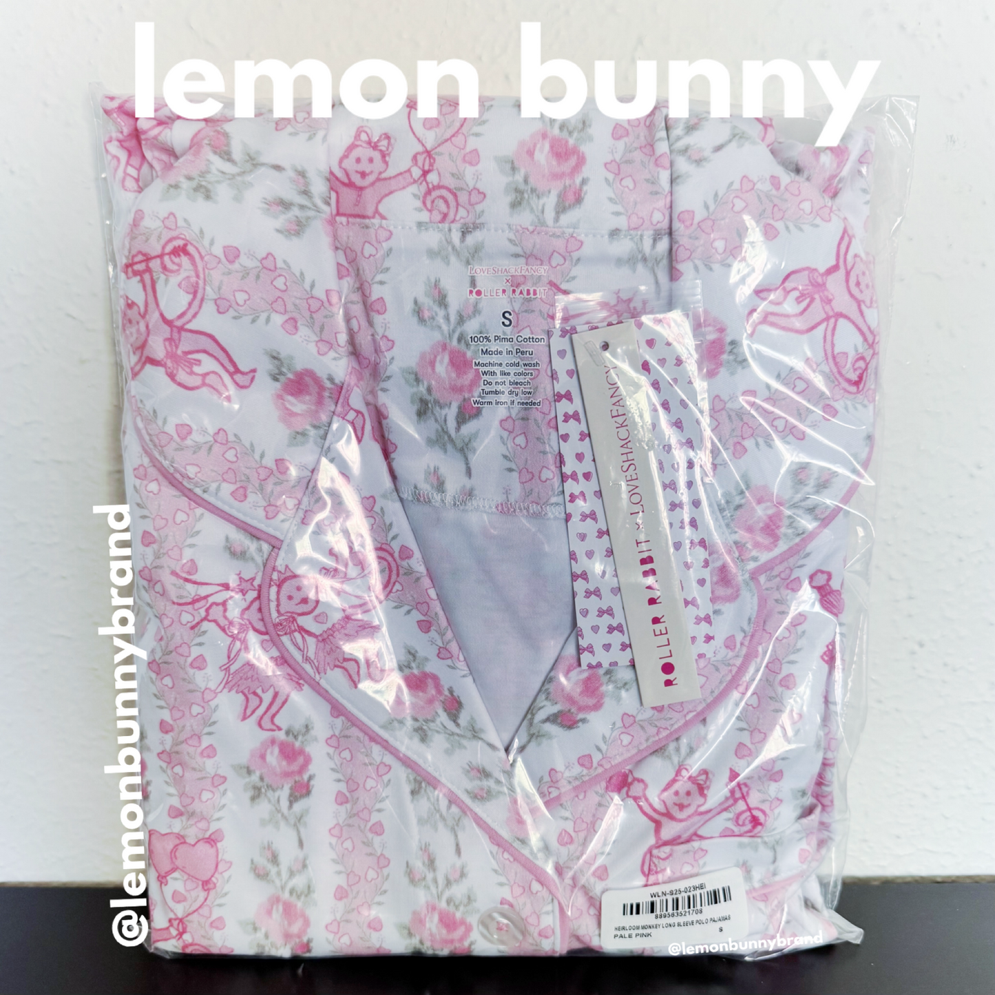Roller Rabbit x LoveShackFancy Heirloom Monkey Long Sleeve Polo Pajamas in Pale Pink, Size S