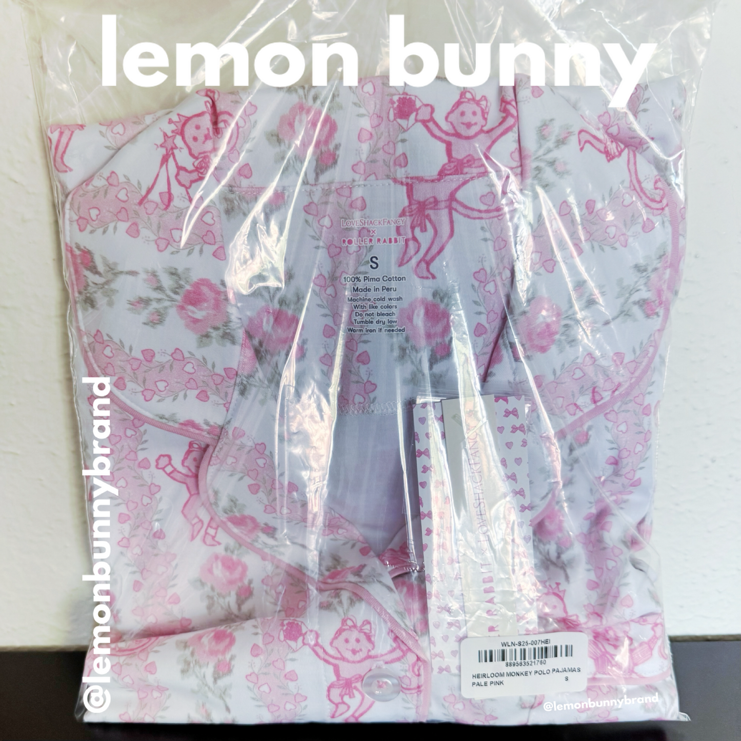 Roller Rabbit x LoveShackFancy Heirloom Monkey Polo Pajamas in Pale Pink, Size S