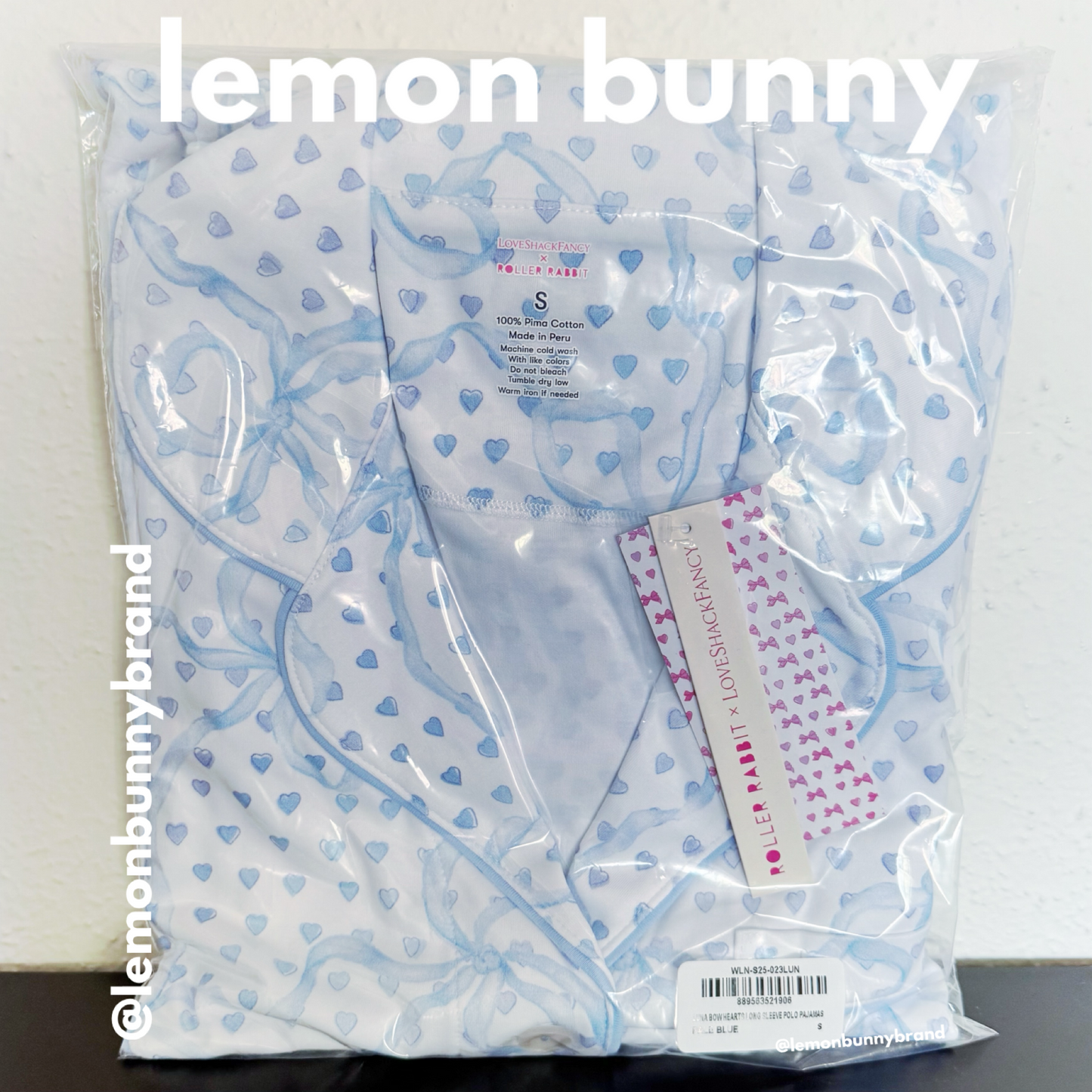 Roller Rabbit x LoveShackFancy Luna Bow Hearts Long Sleeve Polo Pajamas in Pale Blue, Size S