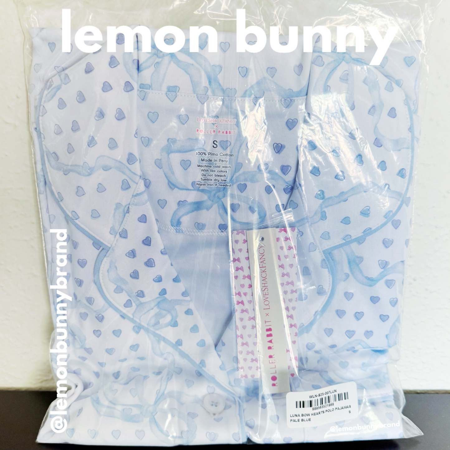 Roller Rabbit x LoveShackFancy Luna Bow Hearts Polo Pajamas in Pale Blue, Size S