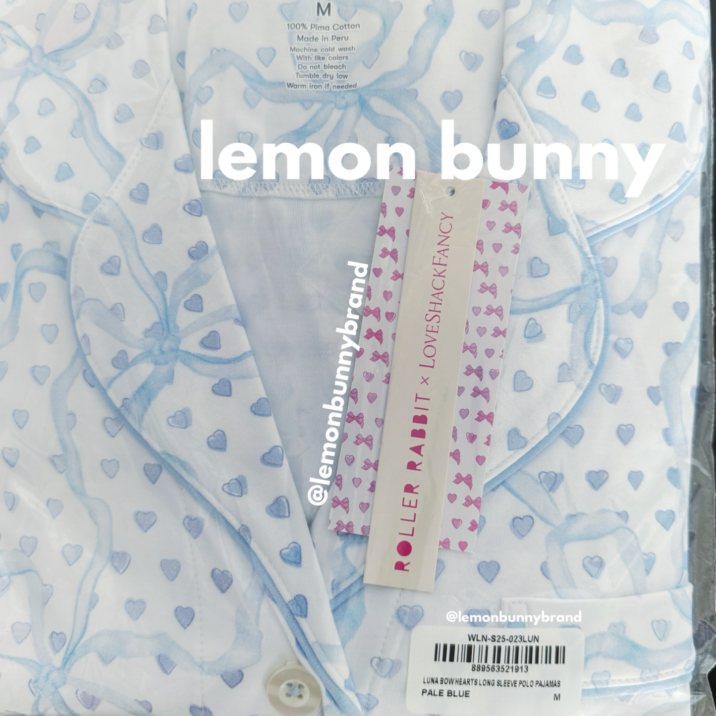 Roller Rabbit x LoveShackFancy Luna Bow Hearts Long Sleeve Polo Pajamas in Pale Blue, Size M