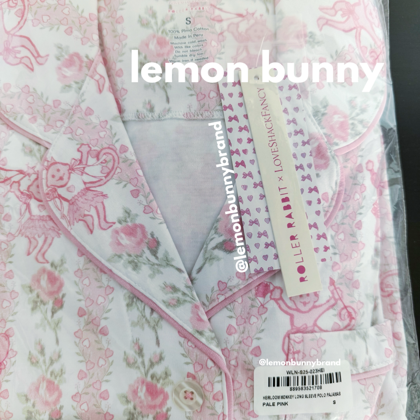 Roller Rabbit x LoveShackFancy Heirloom Monkey Long Sleeve Polo Pajamas in Pale Pink, Size S