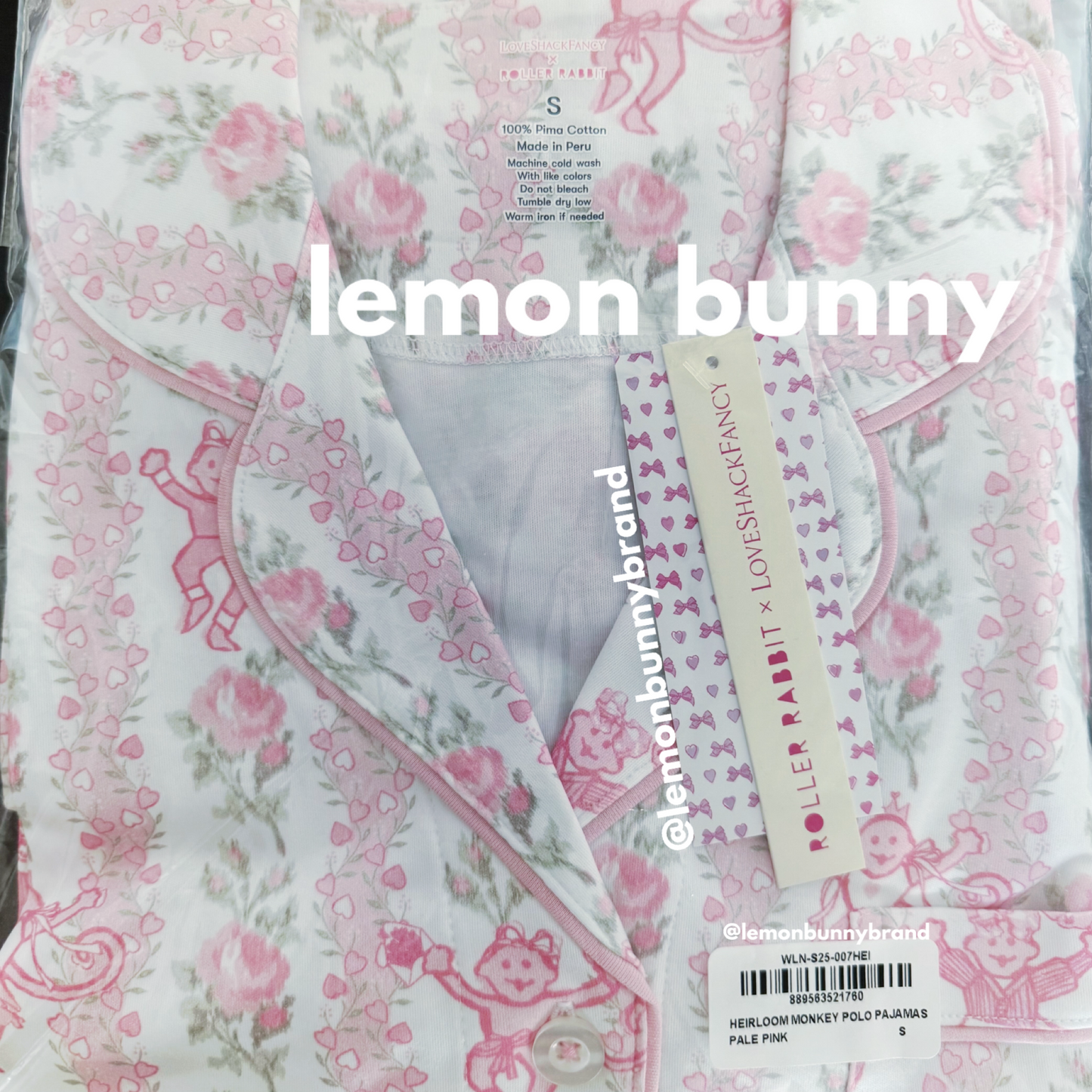 Roller Rabbit x LoveShackFancy Heirloom Monkey Polo Pajamas in Pale Pink, Size S