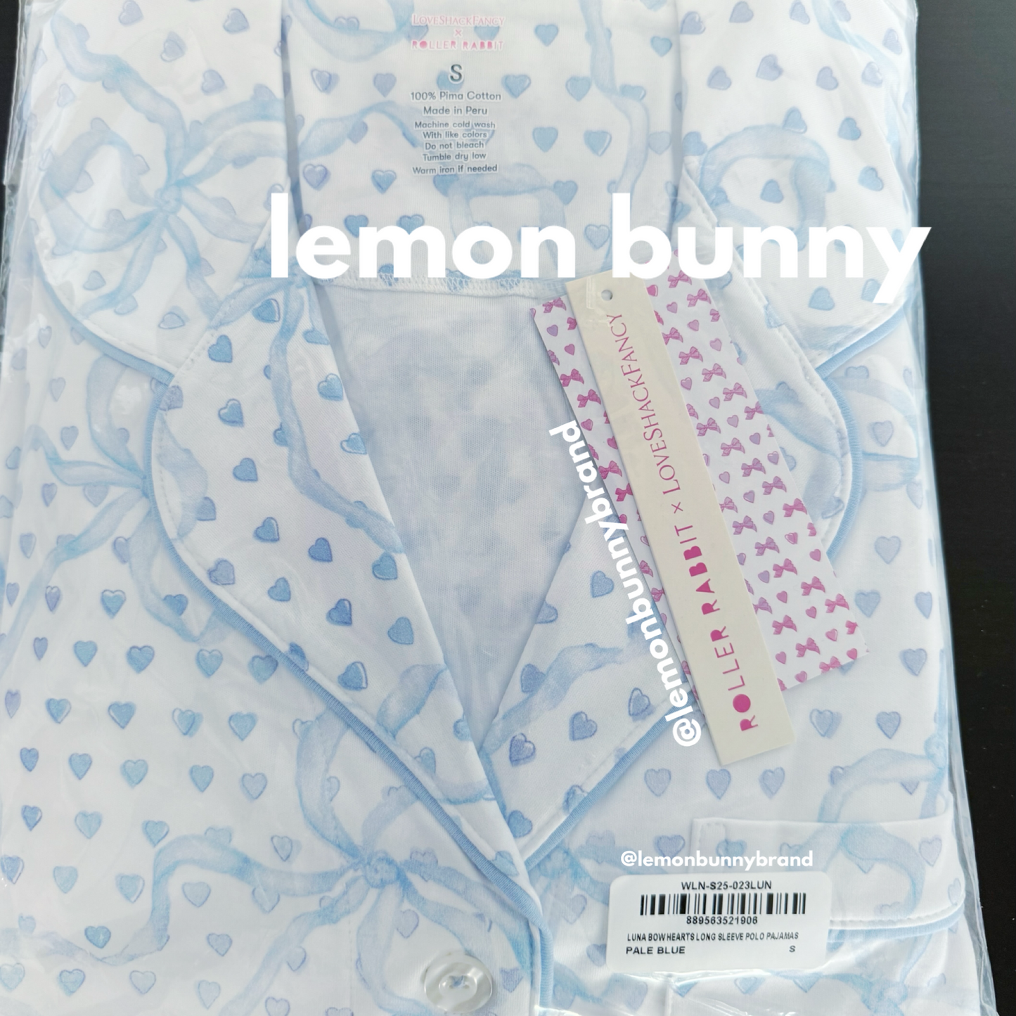 Roller Rabbit x LoveShackFancy Luna Bow Hearts Long Sleeve Polo Pajamas in Pale Blue, Size S