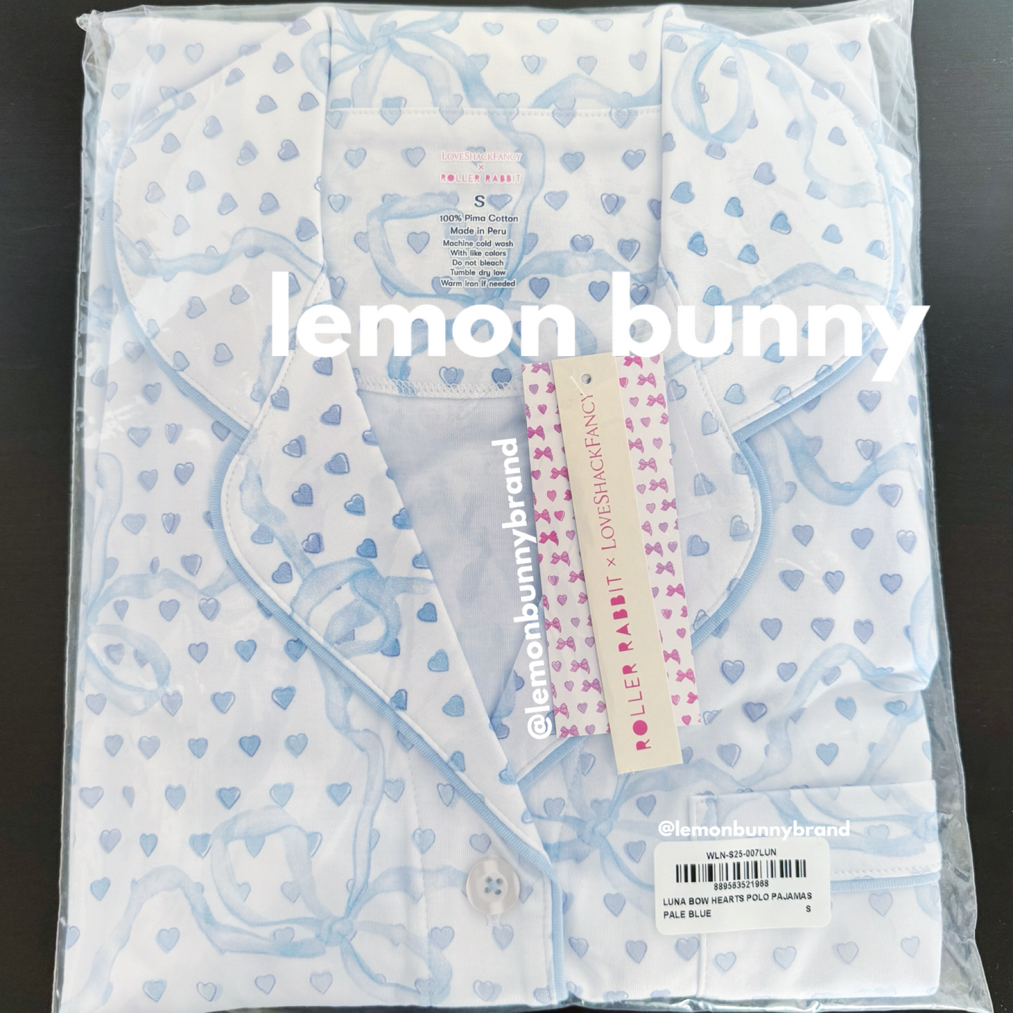 Roller Rabbit x LoveShackFancy Luna Bow Hearts Polo Pajamas in Pale Blue, Size S