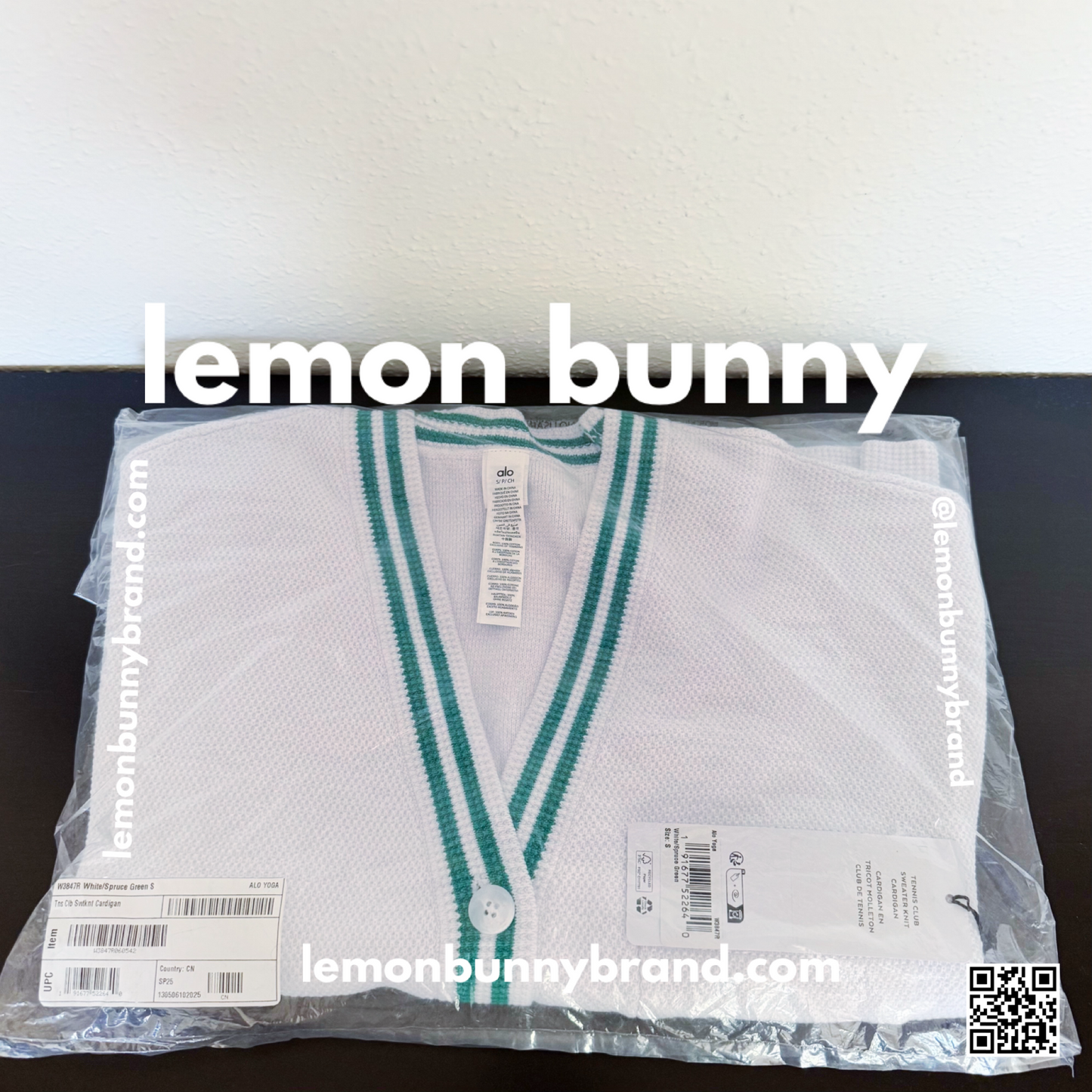 ALO Yoga Tennis Club Sweater Knit Cardigan in White/Spruce Green, Size S