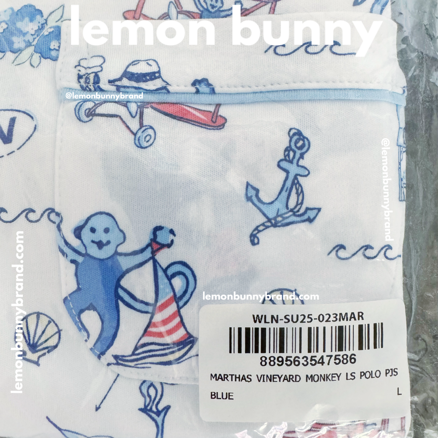 Roller Rabbit Martha’s Vineyard Monkey Long Sleeve Polo Pajamas in Blue, Size L