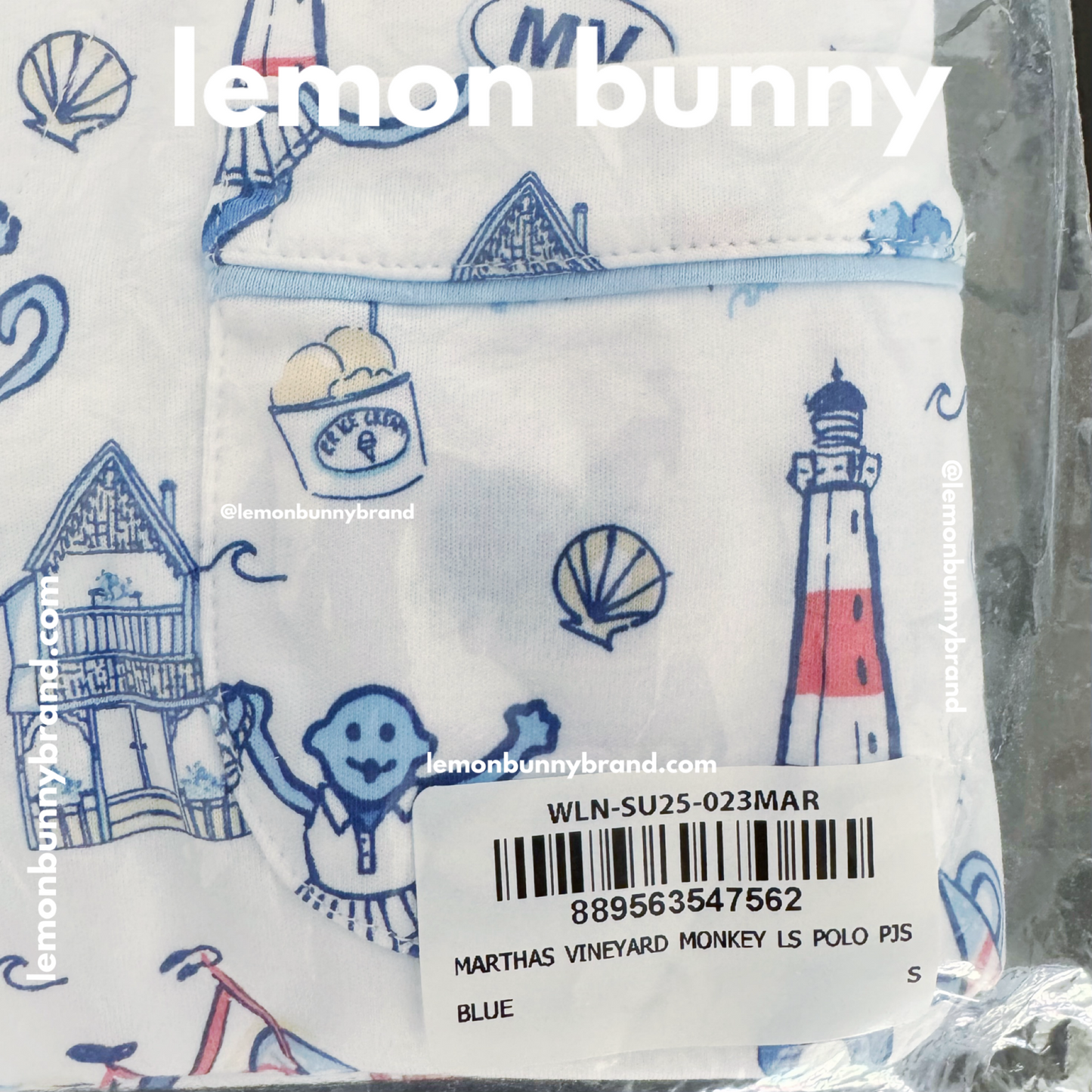 Roller Rabbit Martha’s Vineyard Monkey Long Sleeve Polo Pajamas in Blue, Size S