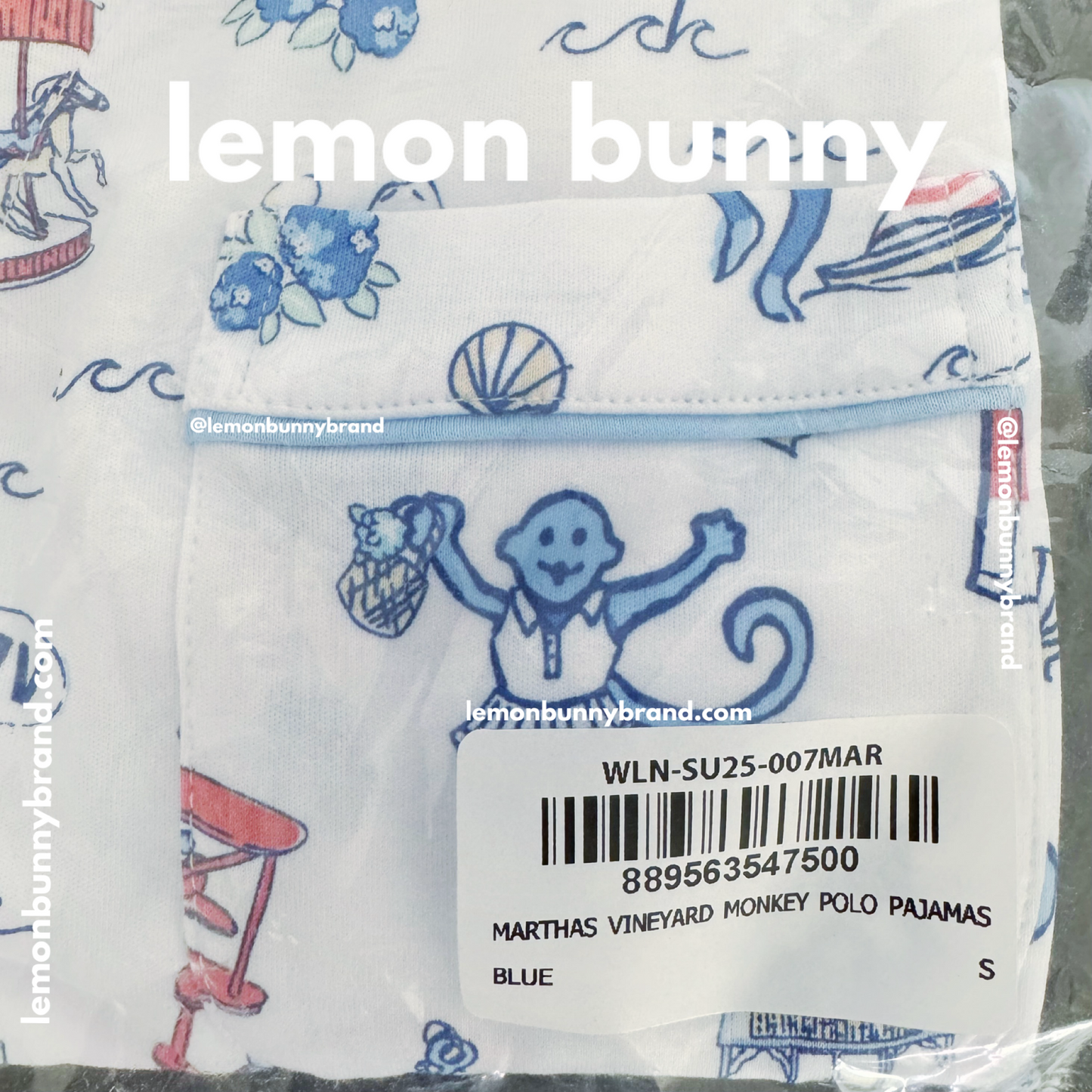 Roller Rabbit Martha’s Vineyard Monkey Polo Pajamas in Blue, Size S