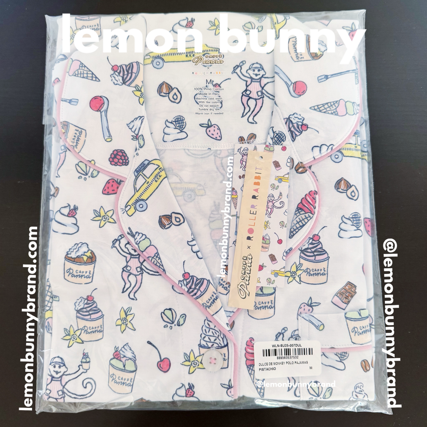 Roller Rabbit x Caffè Panna Dulce De Monkey Polo Pajamas in Pistachio, Size M