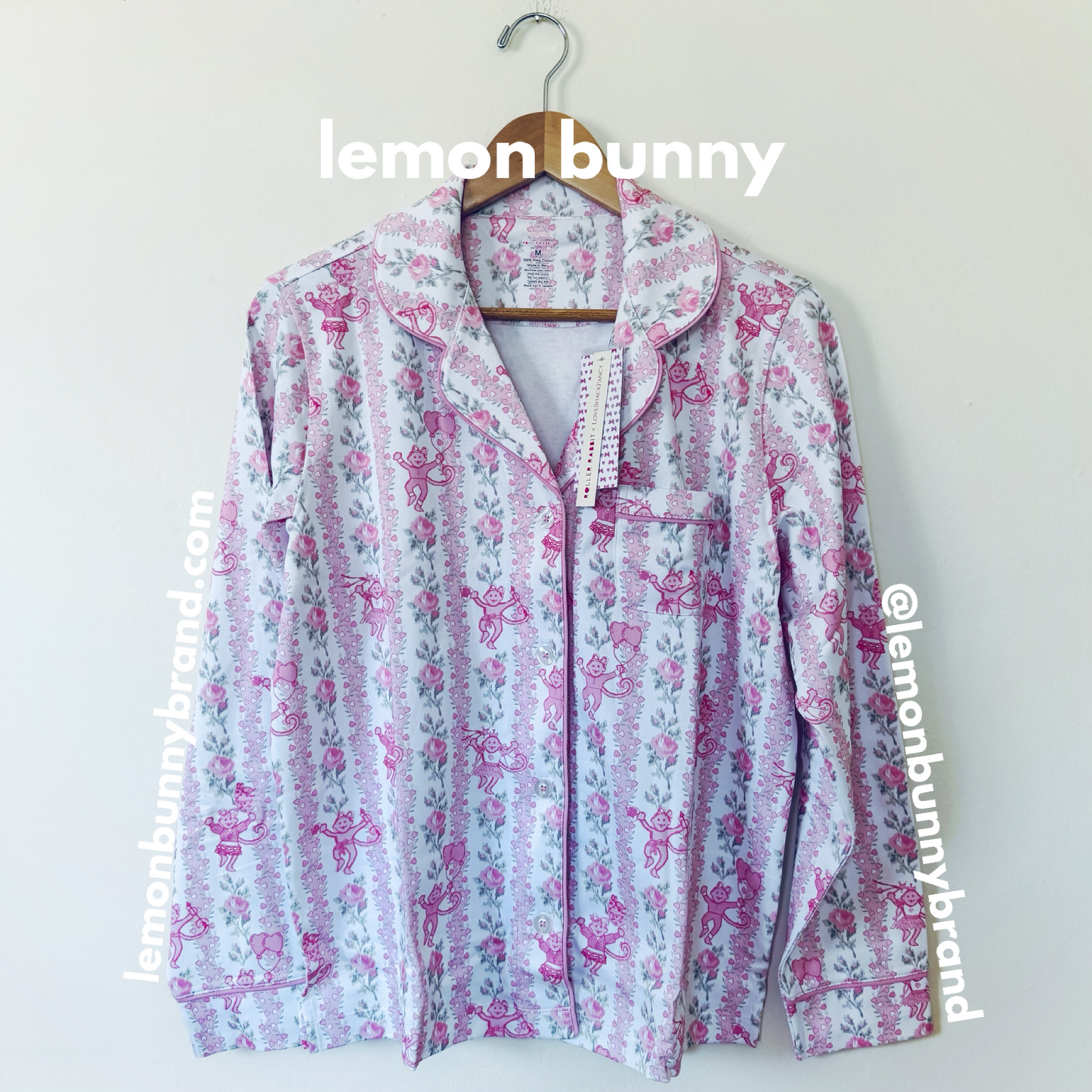 Roller Rabbit x LoveShackFancy Heirloom Monkey Long Sleeve Polo Pajamas in Pale Pink, Size M