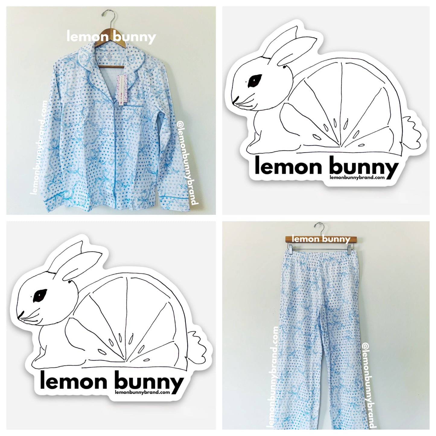 Roller Rabbit x LoveShackFancy Luna Bow Hearts Long Sleeve Polo Pajamas in Pale Blue, Size S