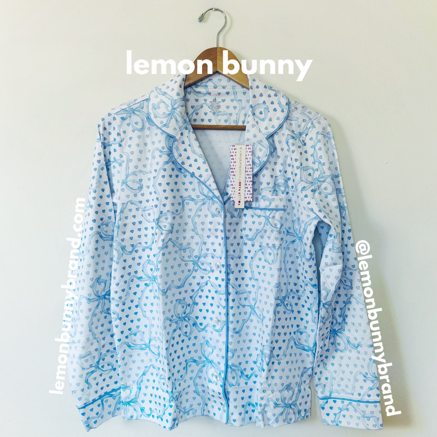 Roller Rabbit x LoveShackFancy Luna Bow Hearts Long Sleeve Polo Pajamas in Pale Blue, Size S