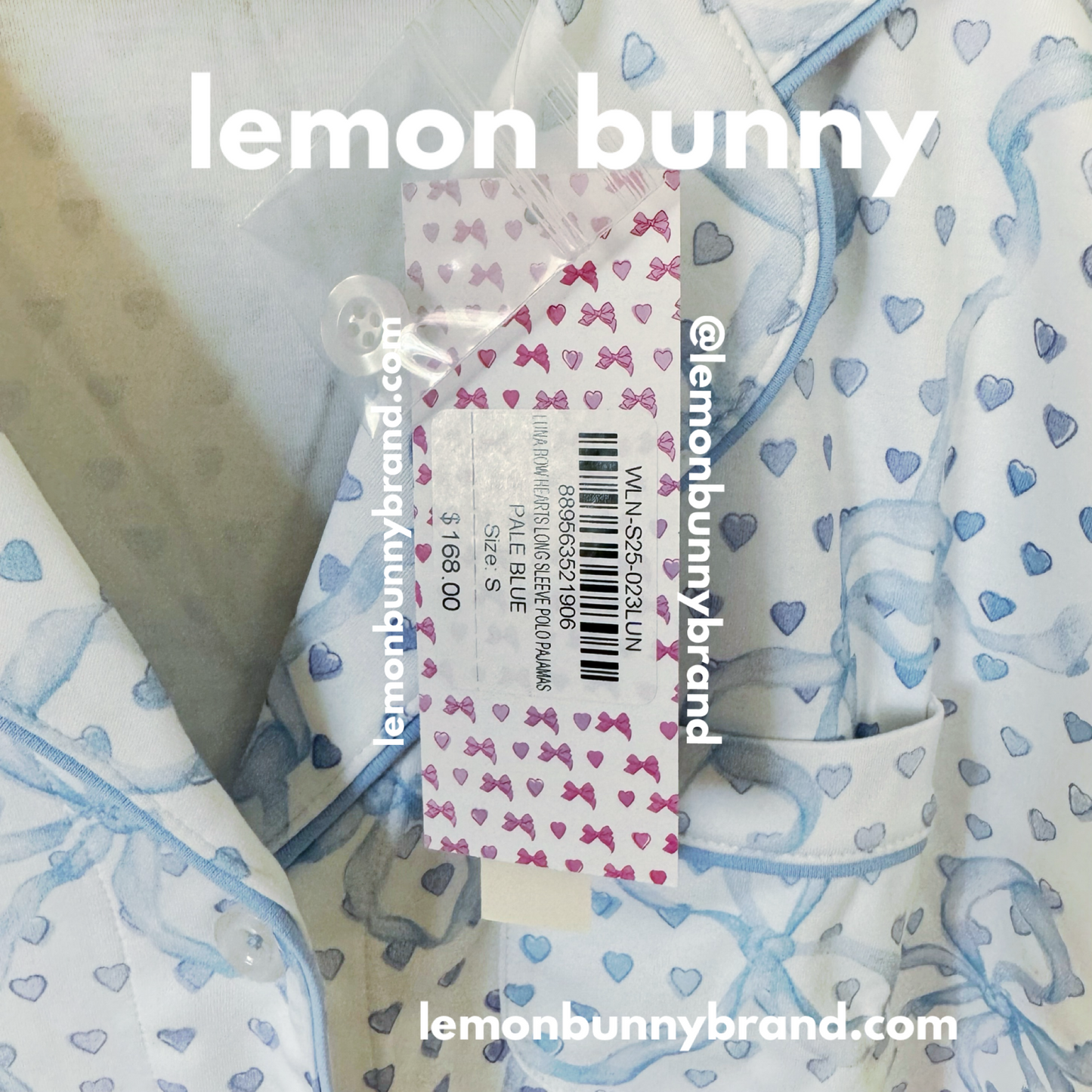 Roller Rabbit x LoveShackFancy Luna Bow Hearts Long Sleeve Polo Pajamas in Pale Blue, Size S