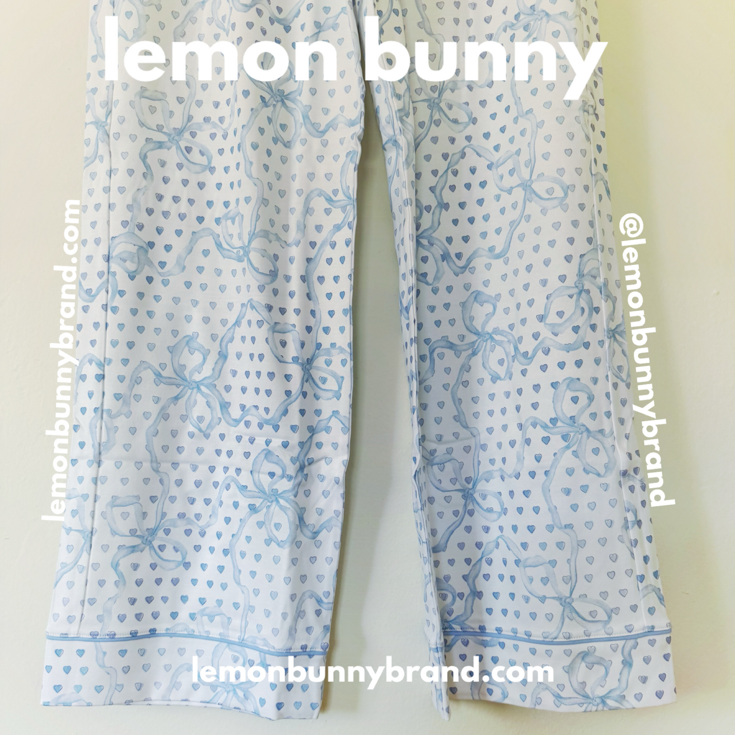 Roller Rabbit x LoveShackFancy Luna Bow Hearts Long Sleeve Polo Pajamas in Pale Blue, Size S