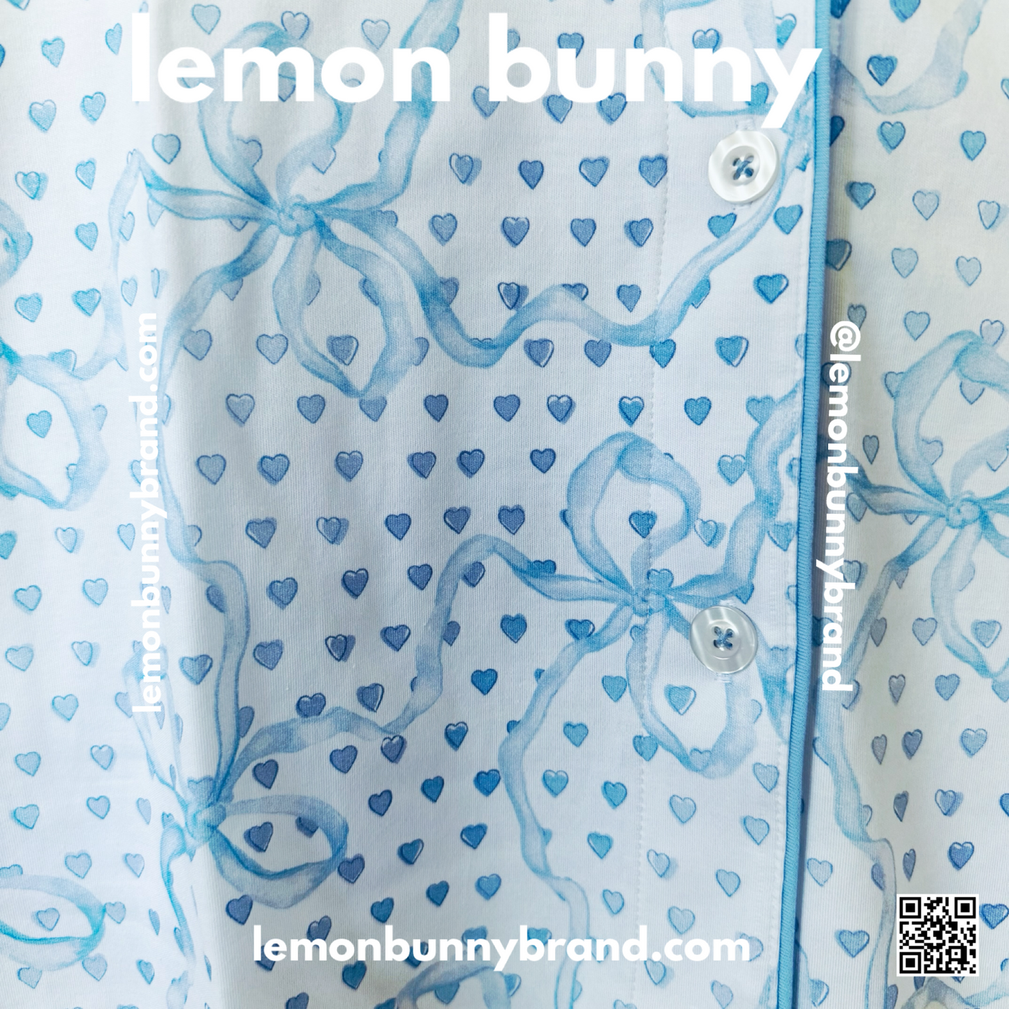 Roller Rabbit x LoveShackFancy Luna Bow Hearts Polo Pajamas in Pale Blue, Size S