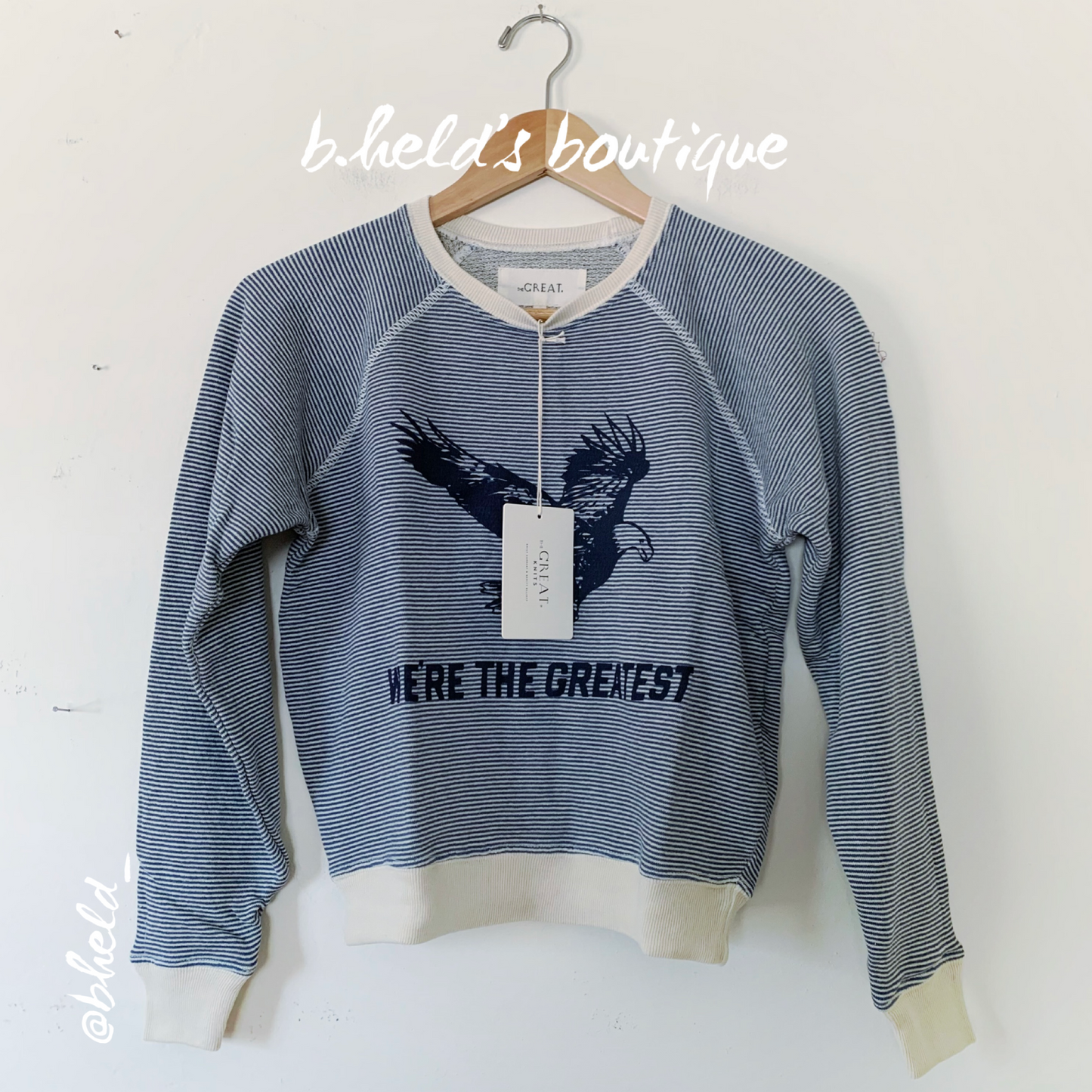 The Great. The Shrunken Sweatshirt in Salt Water Stripe with Eagle Graphic, Size 0