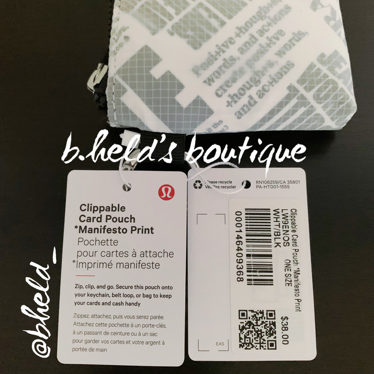lululemon Clippable Card Pouch Wallet *Manifesto Print in White/Black, One Size