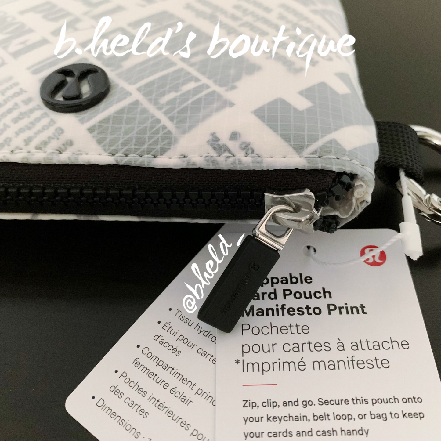 lululemon Clippable Card Pouch Wallet *Manifesto Print in White/Black, One Size