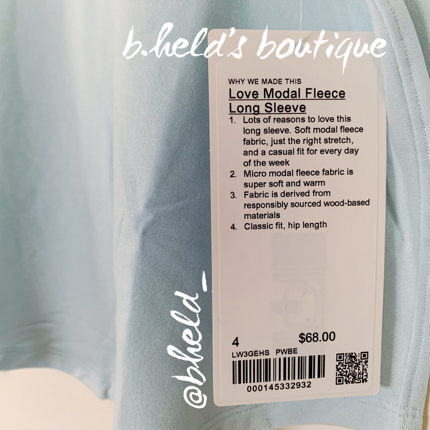lululemon Love Modal Fleece Long Sleeve Shirt in Powder Blue, Size 4