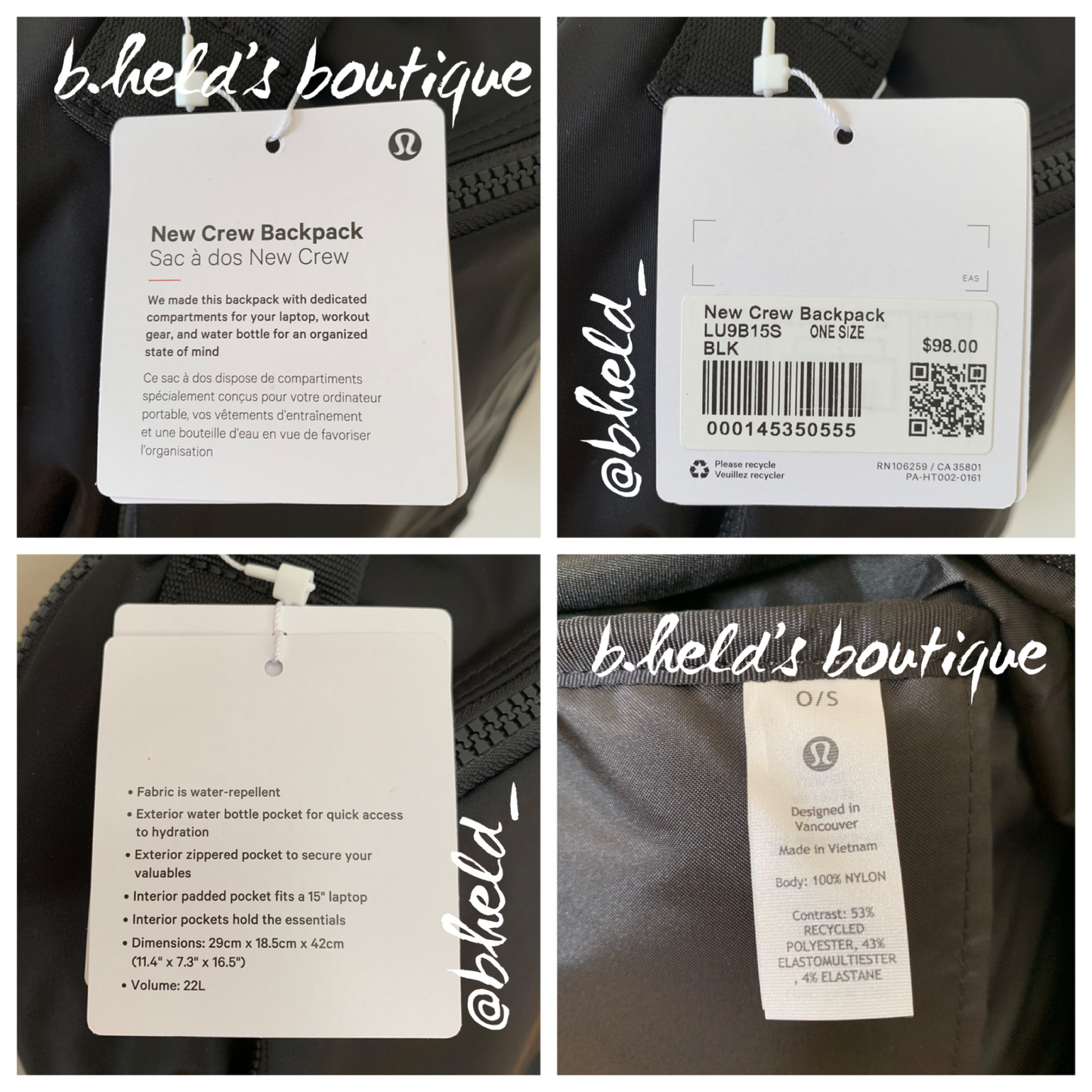 lululemon New Crew Backpack (22 L) in Black, One Size