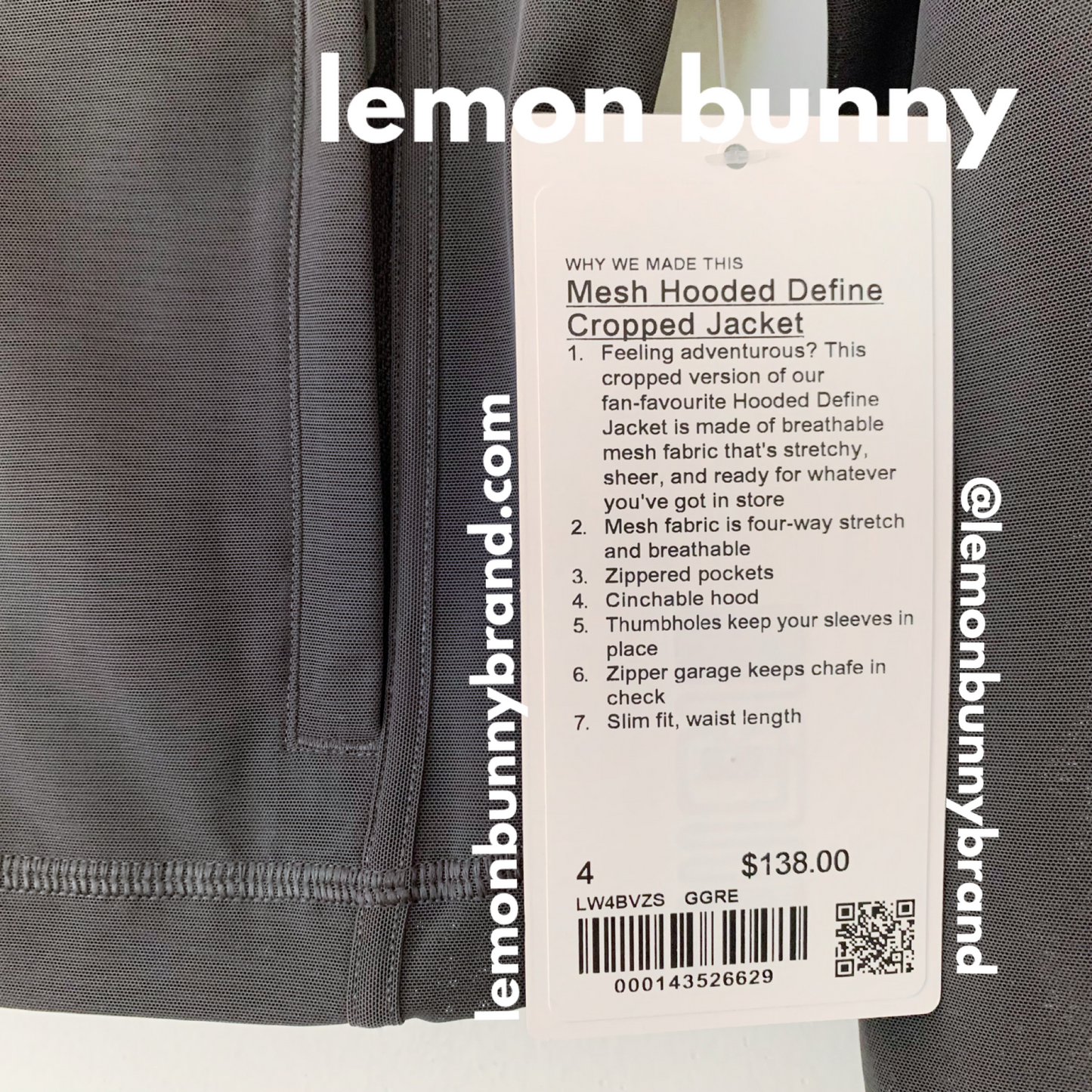 lululemon Nulu and Mesh Hooded Cropped Define Jacket in Graphite Grey, Size 4