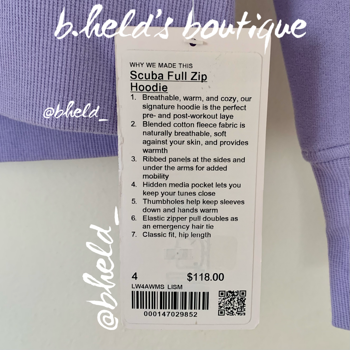lululemon Scuba Full-Zip Hoodie in Lilac Smoke, Size 4