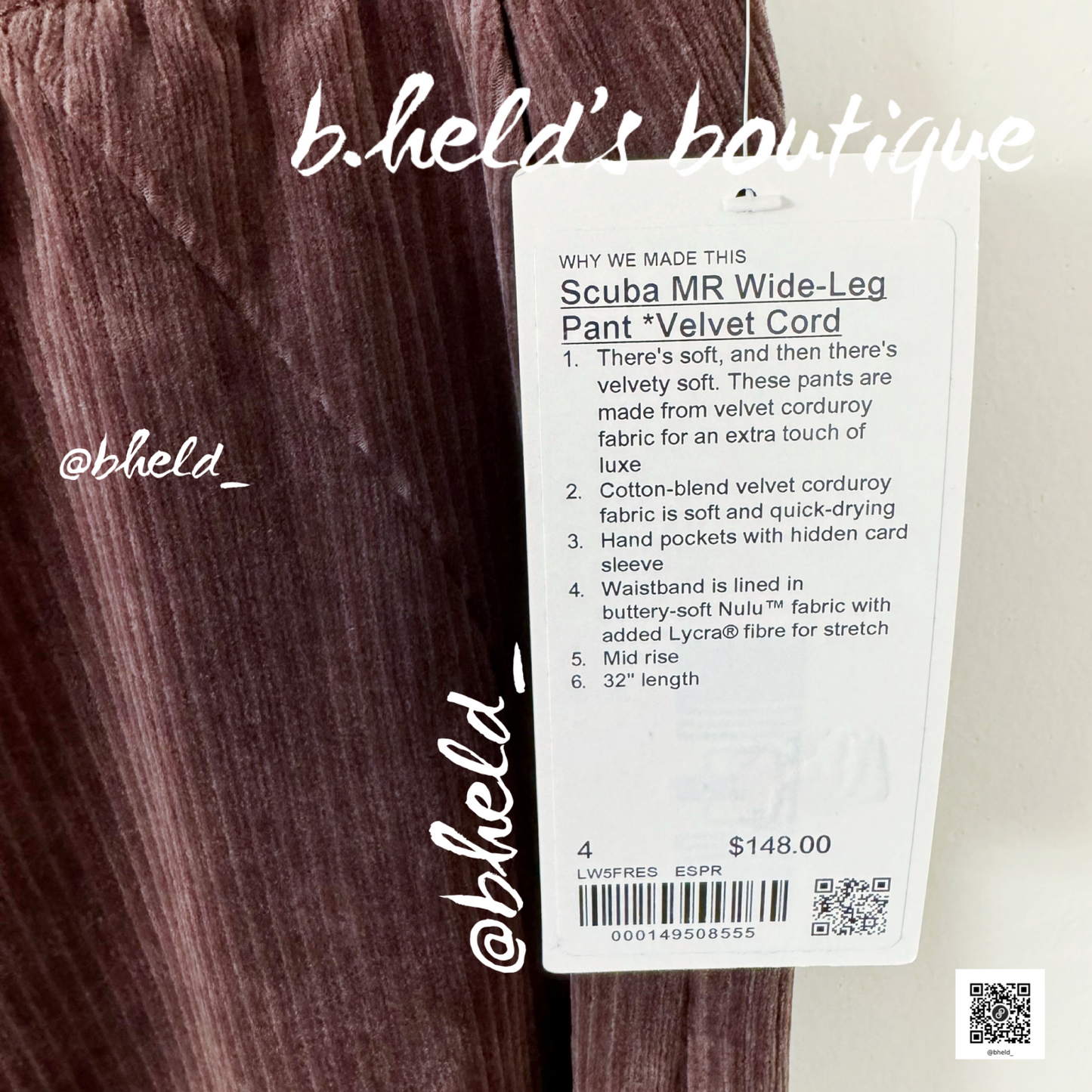 lululemon Scuba Mid-Rise Wide-Leg Pant *Velvet Cord in Espresso, Size 4