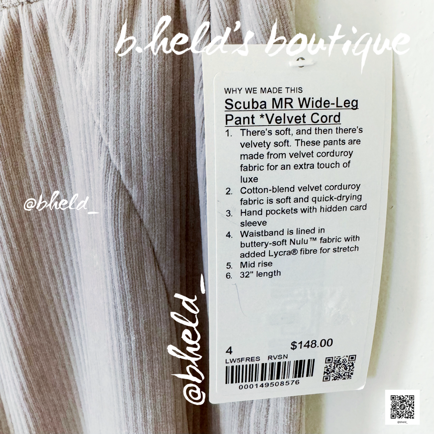 lululemon Scuba Mid-Rise Wide-Leg Pant *Velvet Cord in Riverstone, Size 4