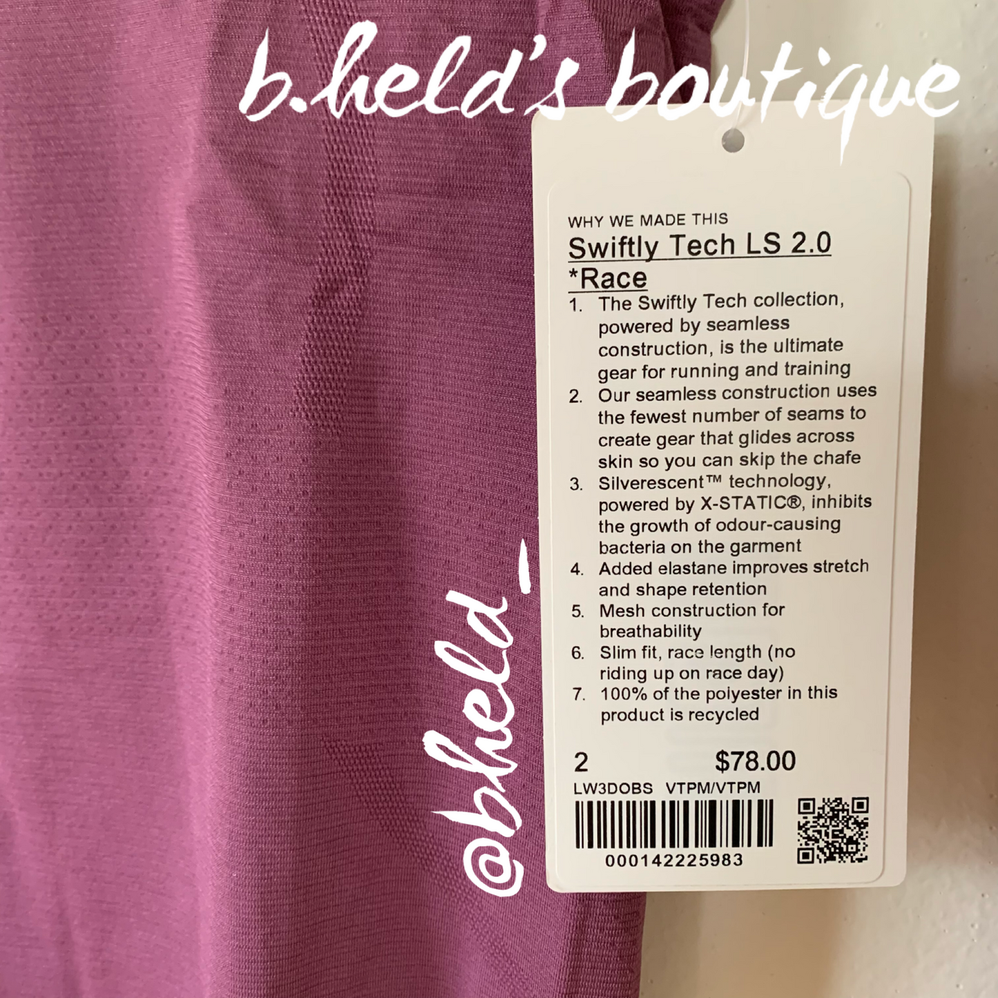 lululemon Swiftly Tech Long Sleeve Shirt 2.0 *Race Length in Vintage Plum/Vintage Plum, Size 2