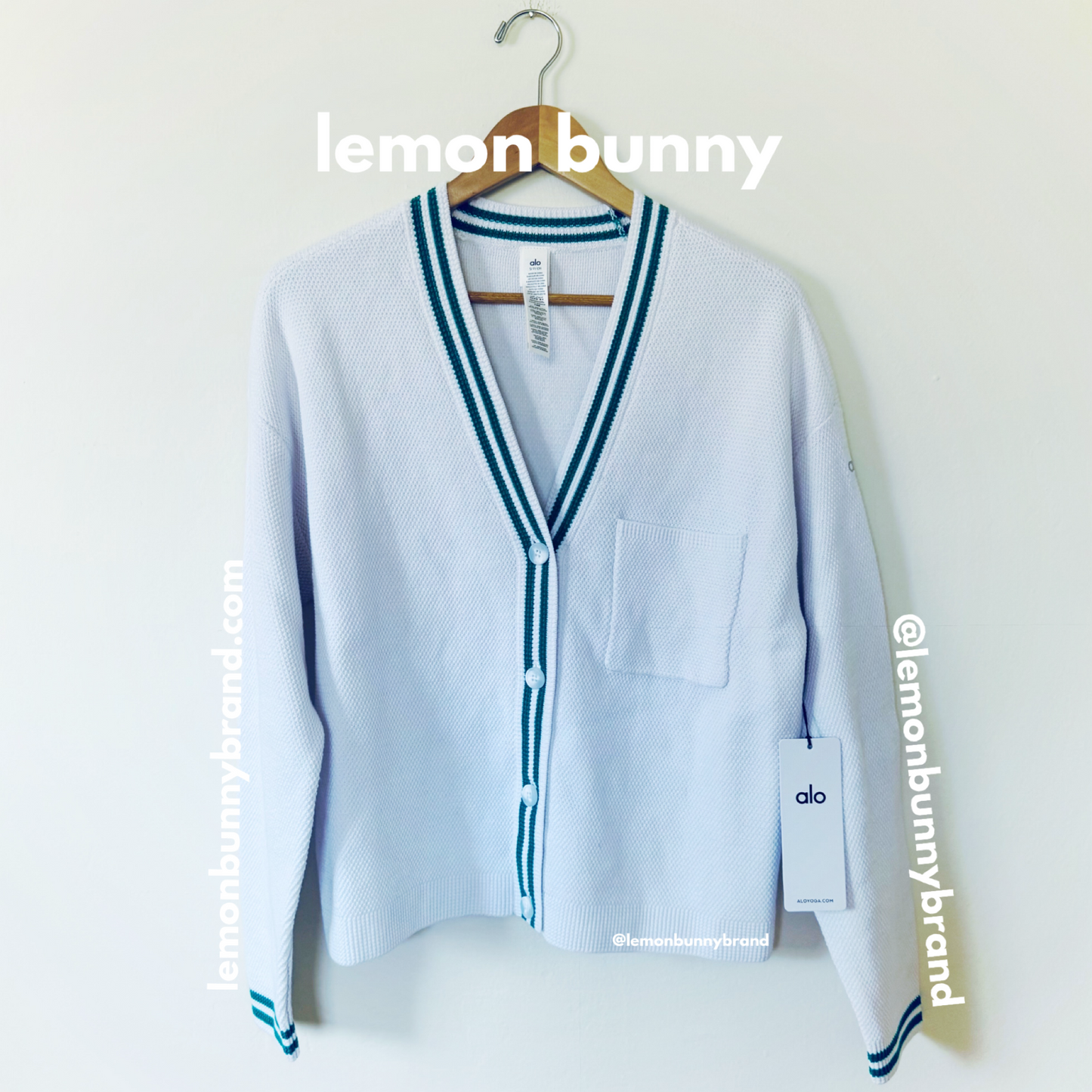 ALO Yoga Tennis Club Sweater Knit Cardigan in White/Spruce Green, Size S