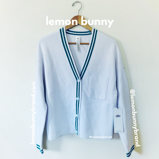 ALO Yoga Tennis Club Sweater Knit Cardigan in White/Spruce Green, Size S