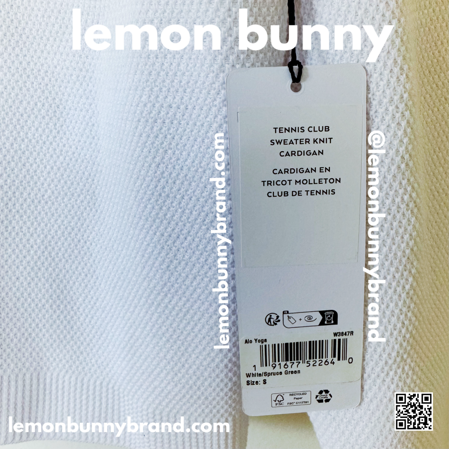 ALO Yoga Tennis Club Sweater Knit Cardigan in White/Spruce Green, Size S