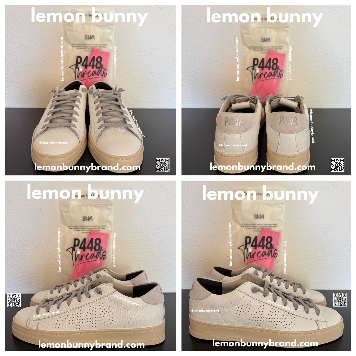 P448 Jack All White Sneakers w/Pink Fuchsia Soles, Size EU 40