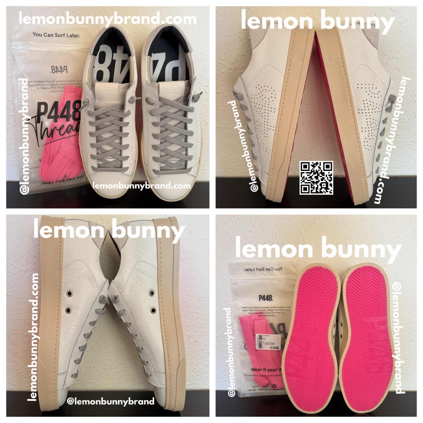 P448 Jack All White Sneakers w/Pink Fuchsia Soles, Size EU 40