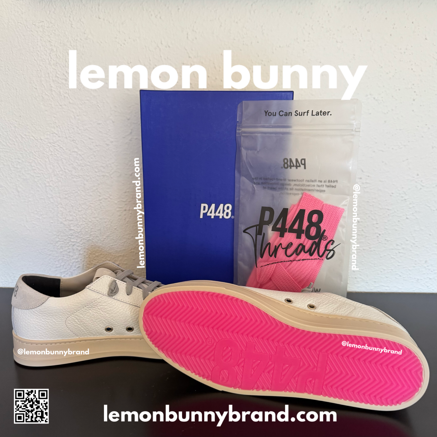 P448 Jack All White Sneakers w/Pink Fuchsia Soles, Size EU 40