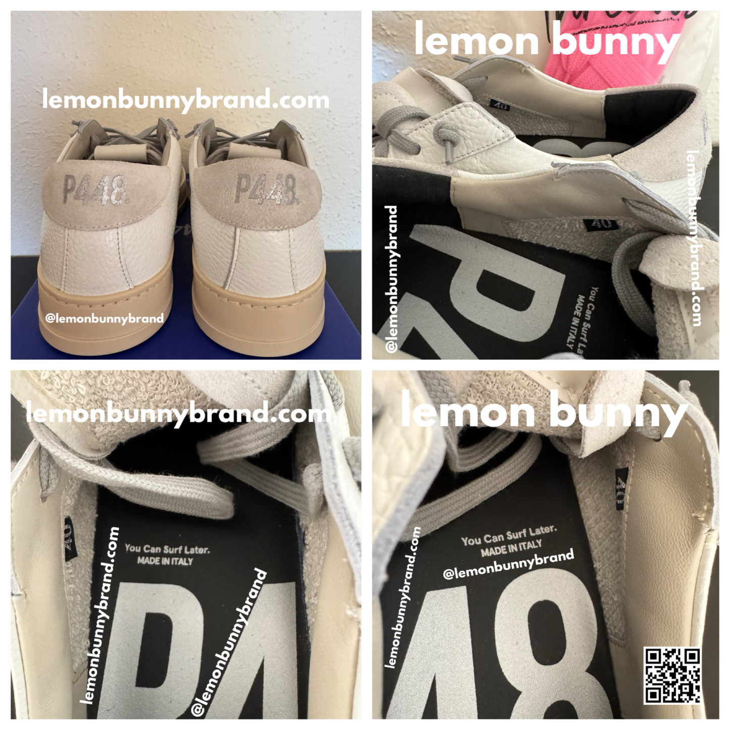 P448 Jack All White Sneakers w/Pink Fuchsia Soles, Size EU 40
