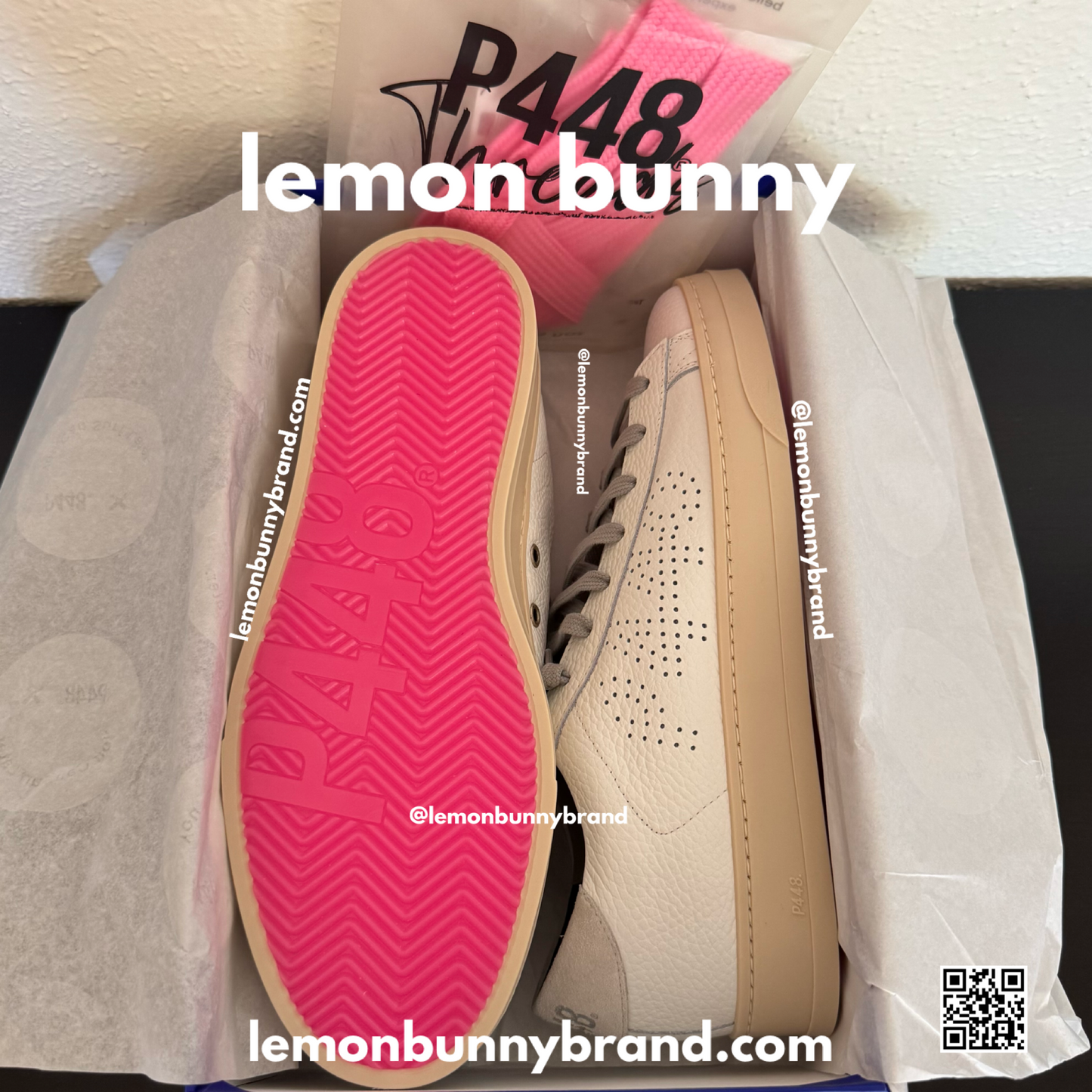 P448 Jack All White Sneakers w/Pink Fuchsia Soles, Size EU 40