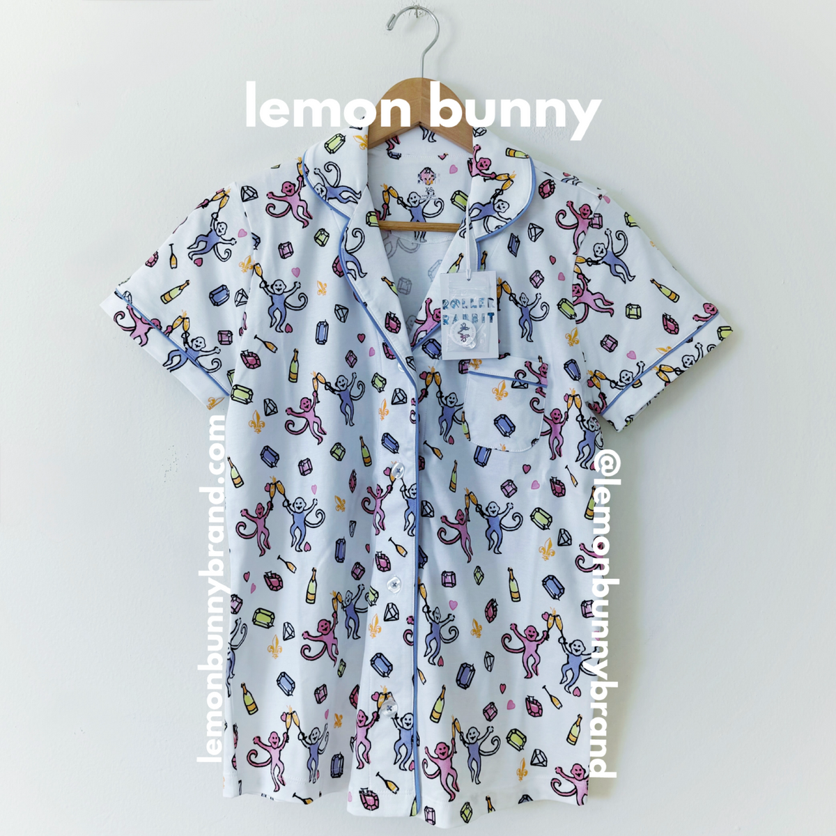 Roller Rabbit Cheery Monkey Polo Pajamas in White, Size XS