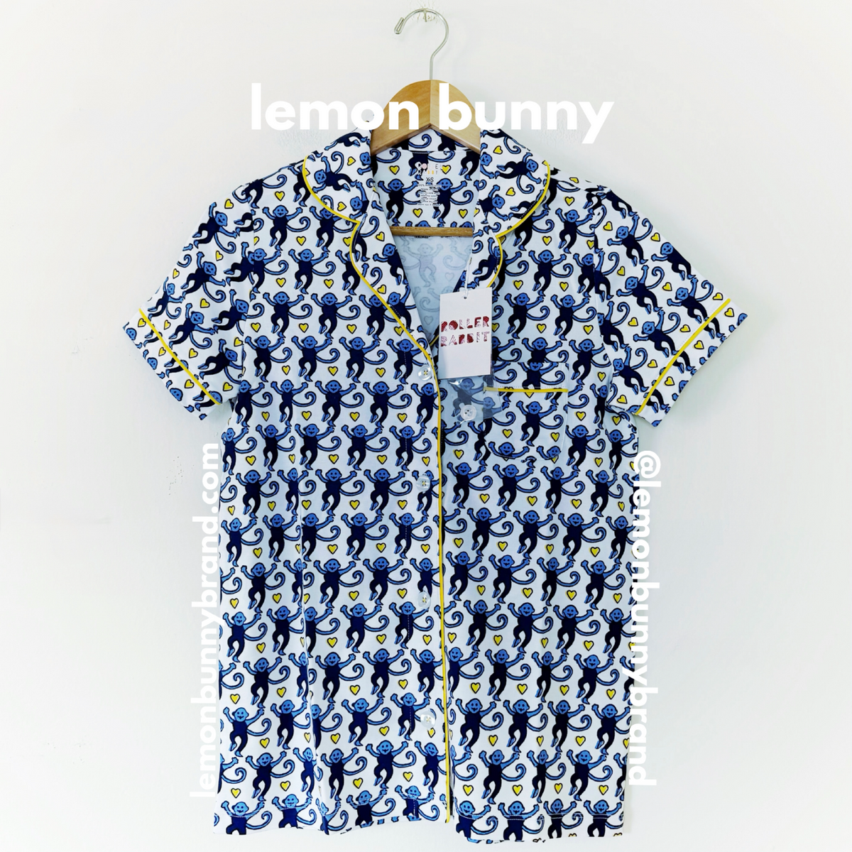 Roller Rabbit Lovely Monkey Polo Pajamas in Blue/Yellow, Size XS