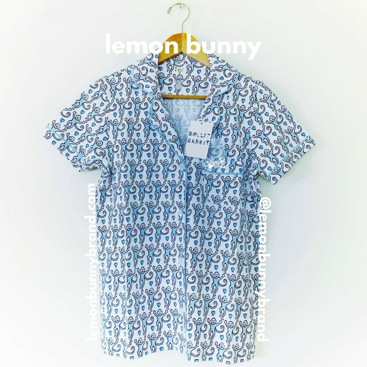 Roller Rabbit Lovely Monkey Polo Pajamas in Powder Blue/Navy, Size S