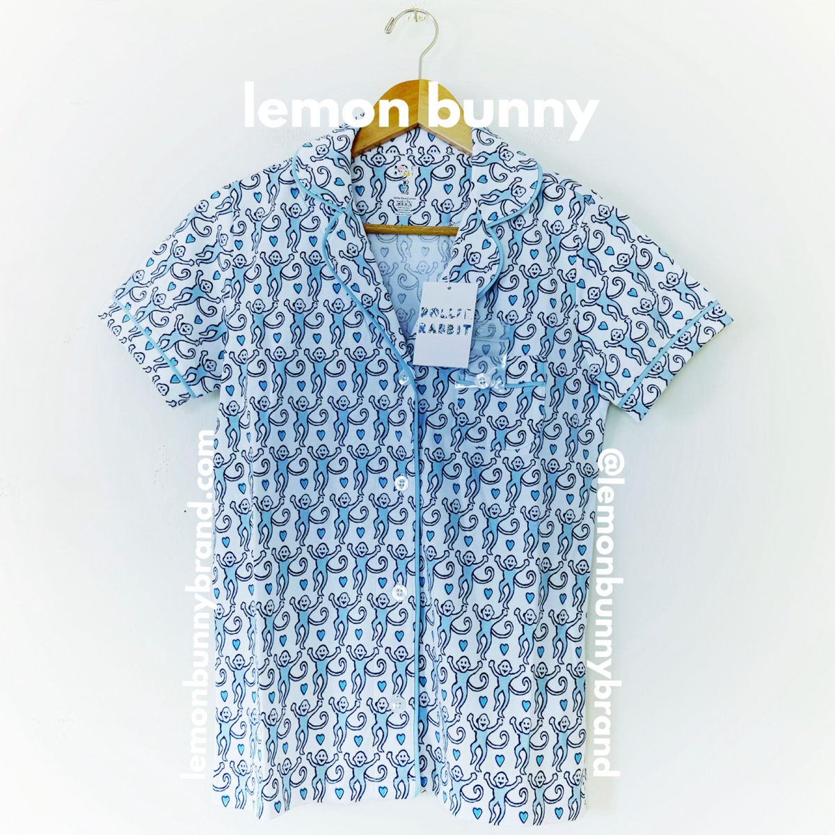 Roller Rabbit Lovely Monkey Polo Pajamas in Powder Blue/Navy, Size XS