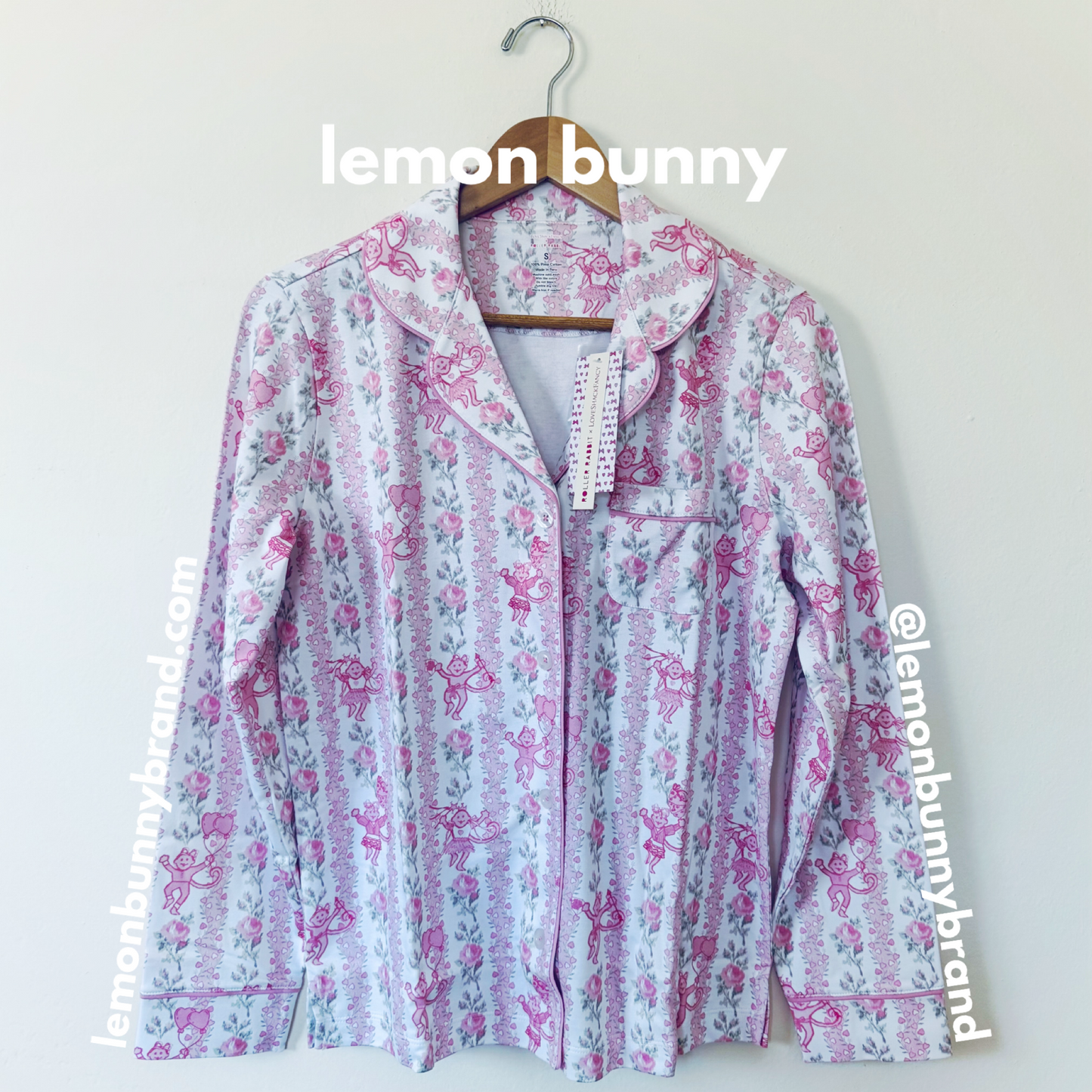 Roller Rabbit x LoveShackFancy Heirloom Monkey Long Sleeve Polo Pajamas in Pale Pink, Size S