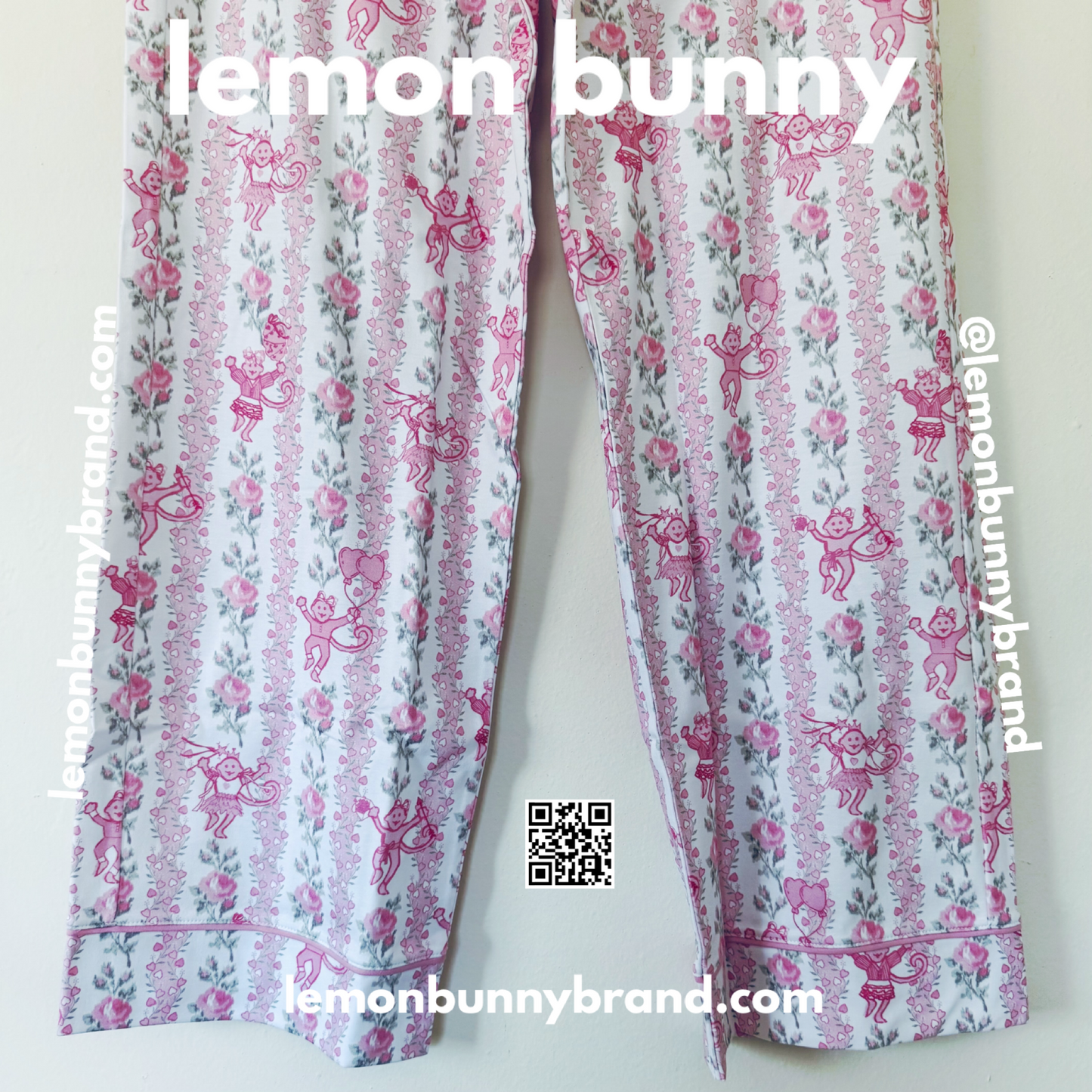 Roller Rabbit x LoveShackFancy Heirloom Monkey Long Sleeve Polo Pajamas in Pale Pink, Size S
