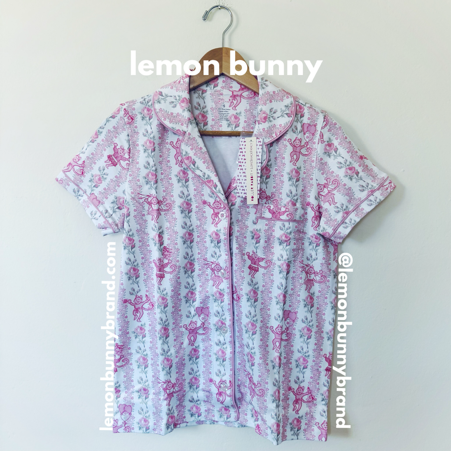 Roller Rabbit x LoveShackFancy Heirloom Monkey Polo Pajamas in Pale Pink, Size S