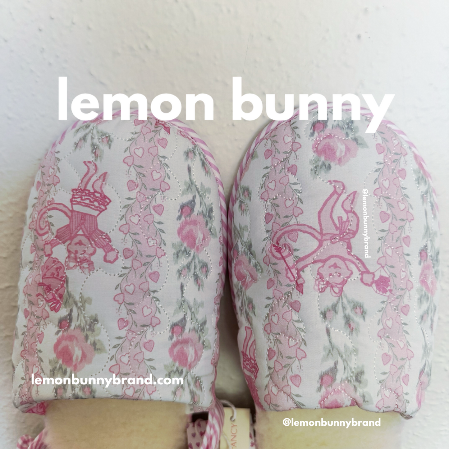 Roller Rabbit x LoveShackFancy Heirloom Monkey Quilted Slippers in Pale Pink, Size L