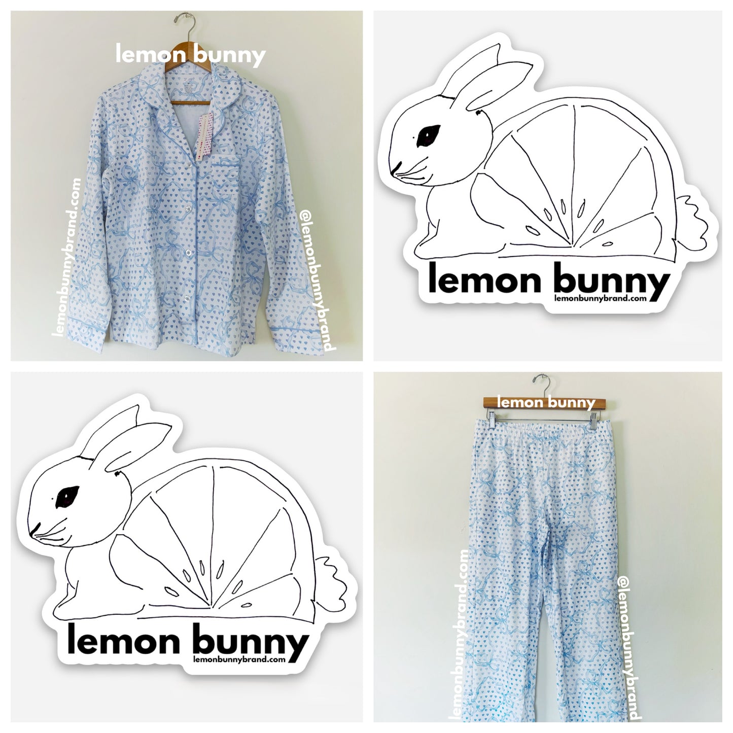 Roller Rabbit x LoveShackFancy Luna Bow Hearts Long Sleeve Polo Pajamas in Pale Blue, Size M