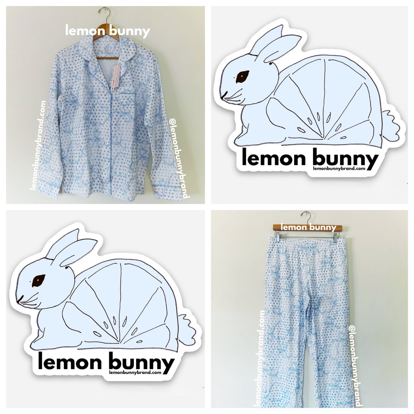 Roller Rabbit x LoveShackFancy Luna Bow Hearts Long Sleeve Polo Pajamas in Pale Blue, Size M