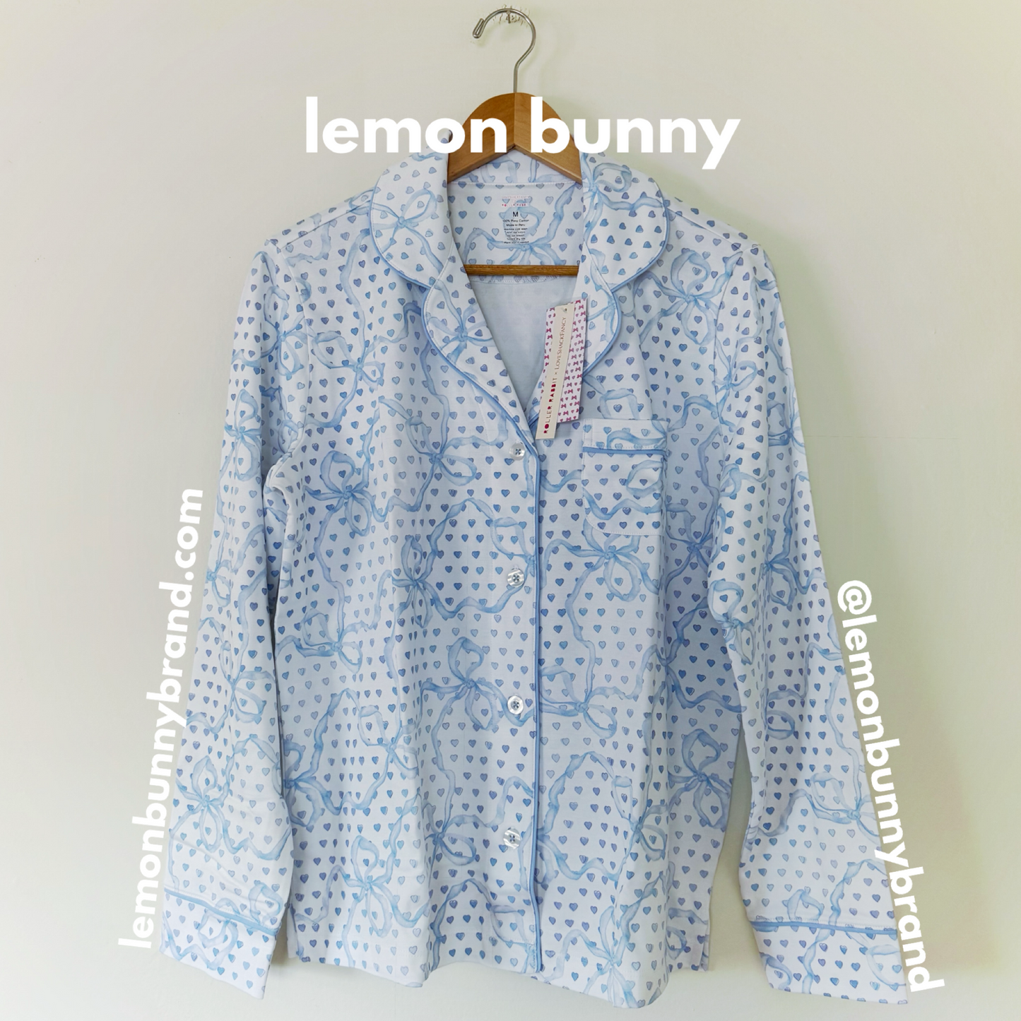 Roller Rabbit x LoveShackFancy Luna Bow Hearts Long Sleeve Polo Pajamas in Pale Blue, Size M