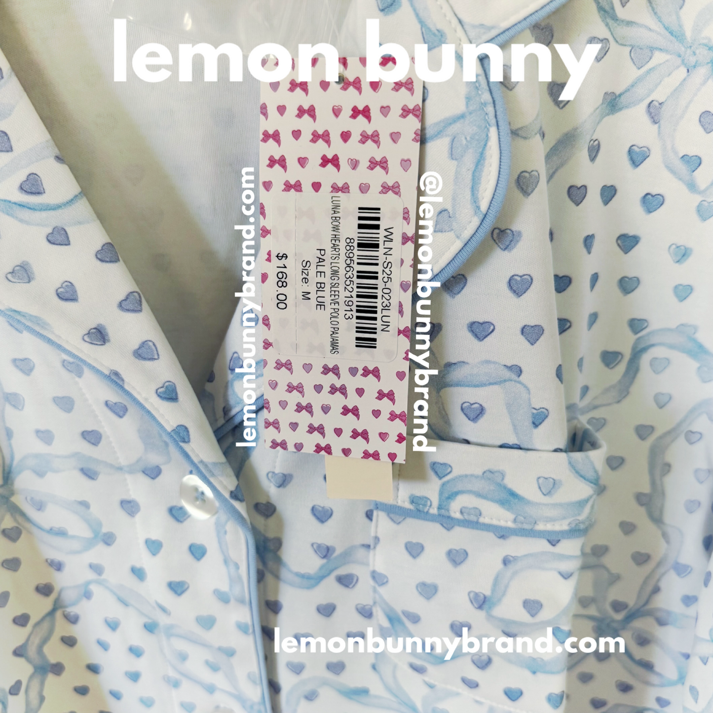 Roller Rabbit x LoveShackFancy Luna Bow Hearts Long Sleeve Polo Pajamas in Pale Blue, Size M